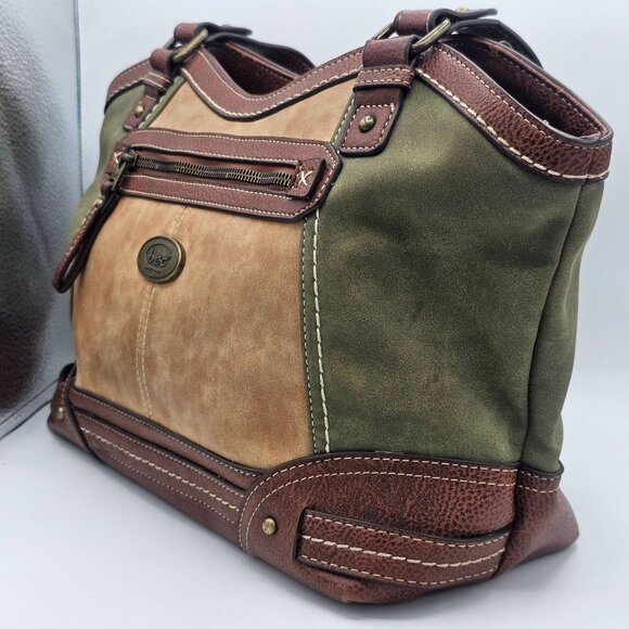 B.O.C Women's Olive & Brown Vinyl Shoulder Satchel Handbag Very Spacious Soft - Picture 2 of 15